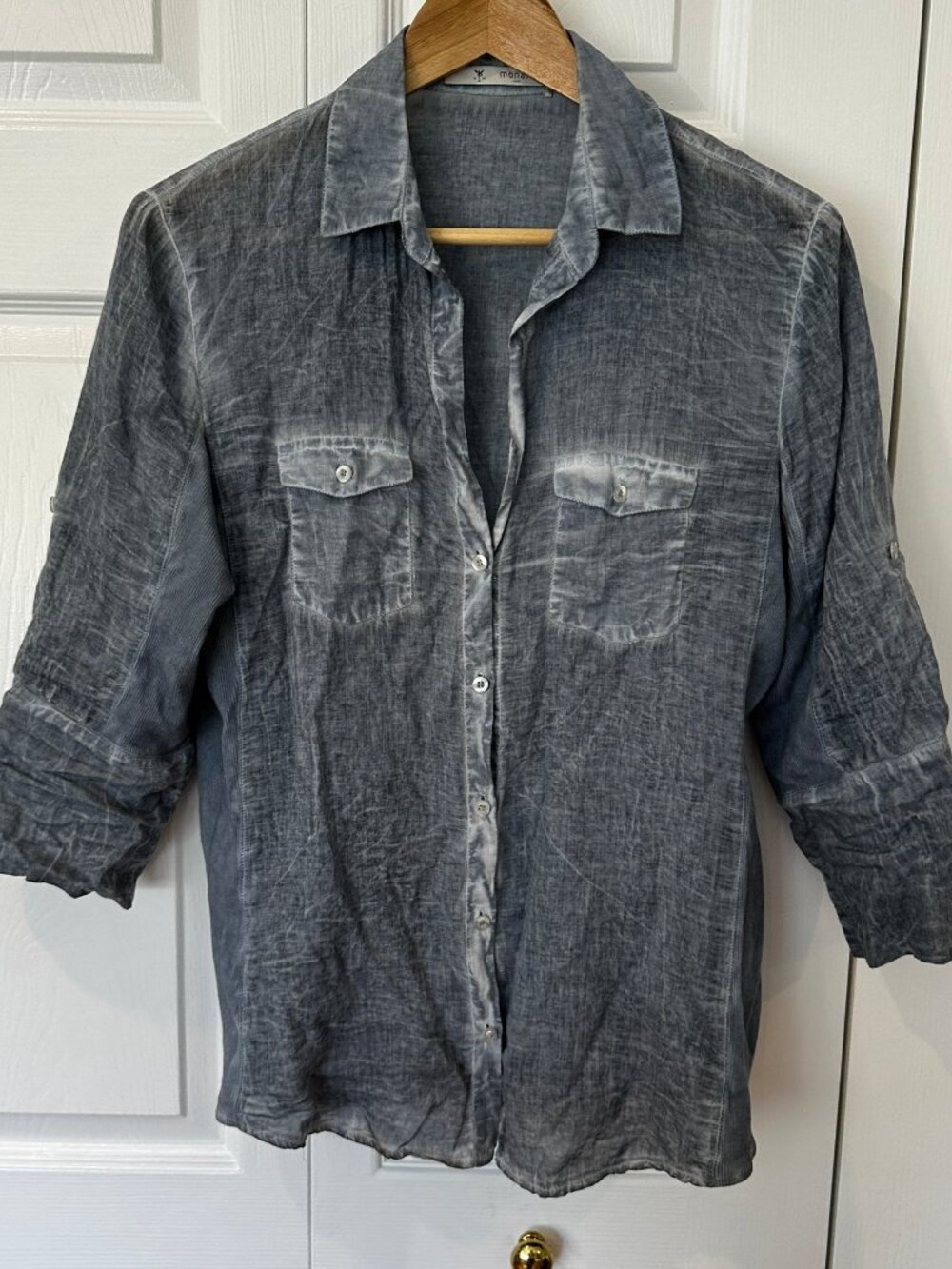 Monari Blue Washed Button Up Shirt Blouse Size 8